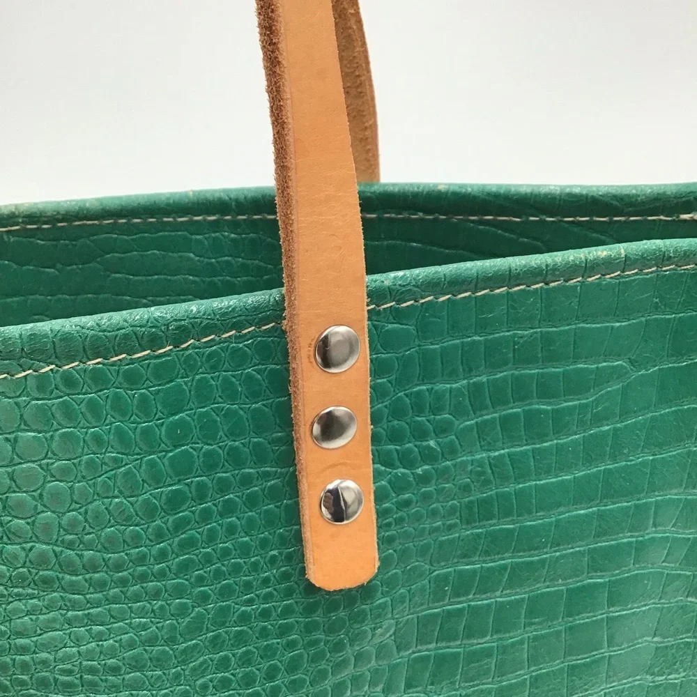 Handmade Tote Bag croc embossed green tan leather large handbag New